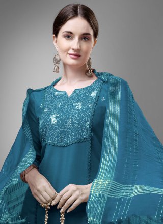 Teal Blended Cotton Embroidered and Lace Work Salwar Suit