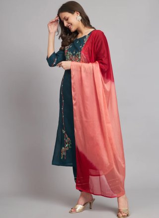 Teal Blended Cotton Pant Style Suit with Embroidered Work