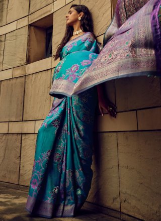 Teal Brasso Contemporary Saree with Digital Print and Woven Work
