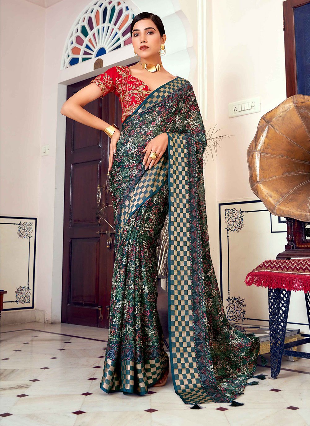 Buy Foil Print Multi Colour Contemporary Style Saree Online : 251952 -