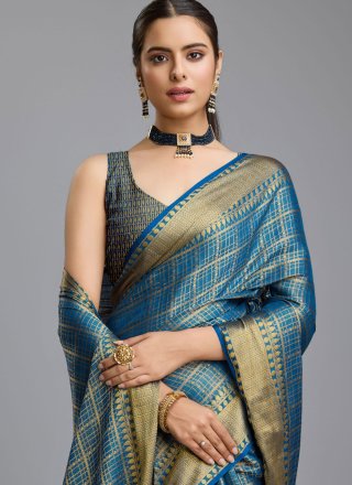 Teal Brocade Trendy Saree with Woven Work