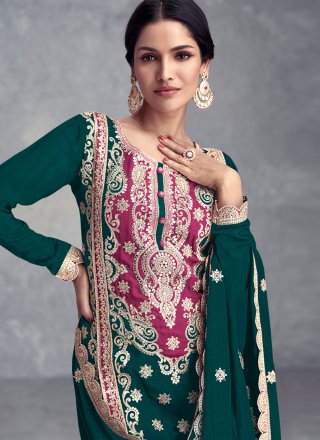 Teal Buttons, Embroidered, Sequins and Stone Work Chinon Readymade Salwar Suit