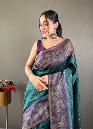 Teal Chanderi Silk Print Work Traditional Saree for Ceremonial