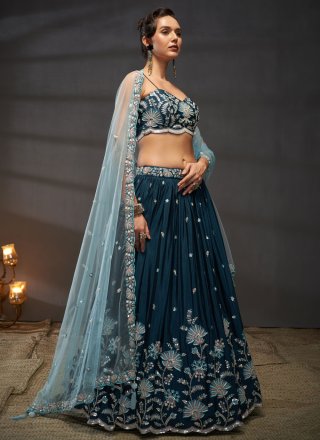 Teal Chiffon Lehenga Choli with Embroidered and Sequins Work for Engagement
