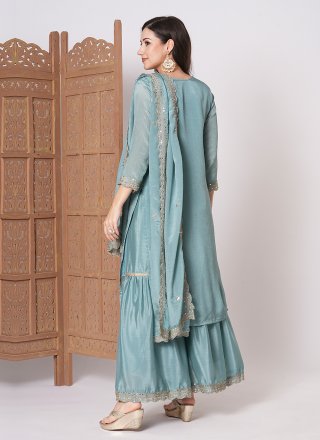 Teal Chinon Embroidered Work Palazzo Salwar Suit