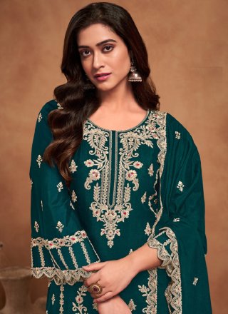 Teal Chinon Palazzo Salwar Suit with Embroidered Work for Women