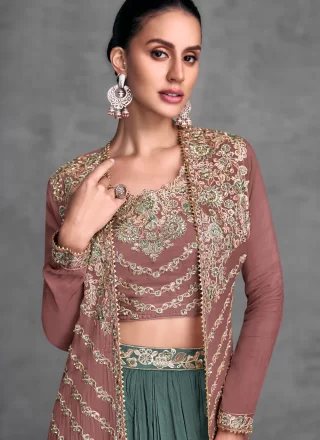 Teal Chinon Readymade Lehenga Choli In Plain for Women