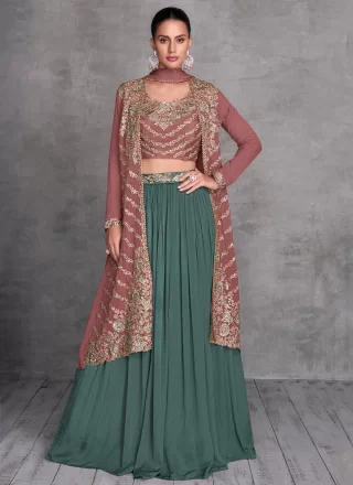 Teal Chinon Readymade Lehenga Choli In Plain for Women