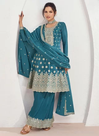 Teal Chinon Salwar Suit with Embroidered Work