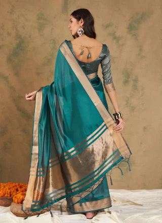 Teal Cotton Casual Saree with Woven and Zari Work