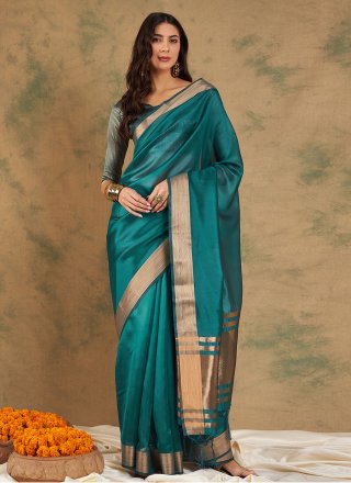 Teal Cotton Casual Saree with Woven and Zari Work