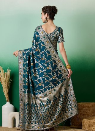 Teal Cotton Classic Sari with Meenakari and Woven Work for Casual