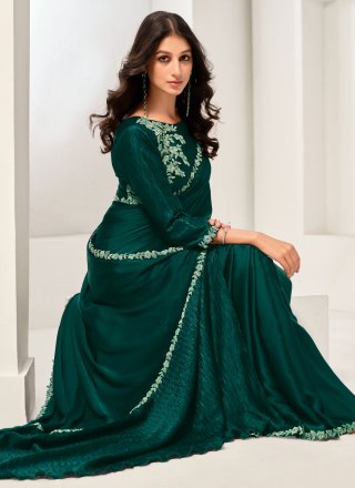 Teal Crepe Silk Patch Border, Lace and Stone Work Classic Sari for Ceremonial