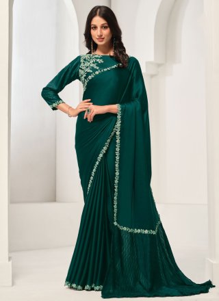 Teal Crepe Silk Patch Border, Lace and Stone Work Classic Sari for Ceremonial