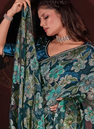 Teal Diamond and Floral Patch Work Brasso Contemporary Saree