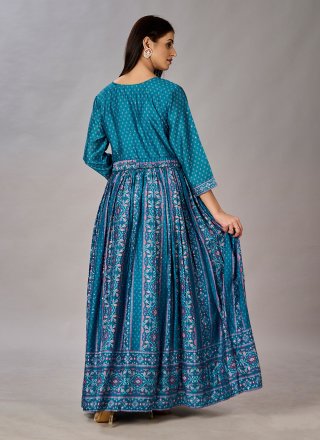 Teal Digital Print, Embroidered and Sequins Work Muslin Designer Gown