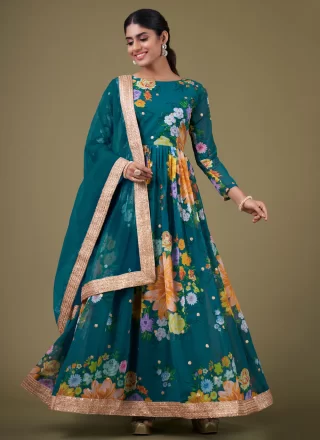 Teal Digital Print, Sequins and Zari Work Faux Georgette Anarkali Suit