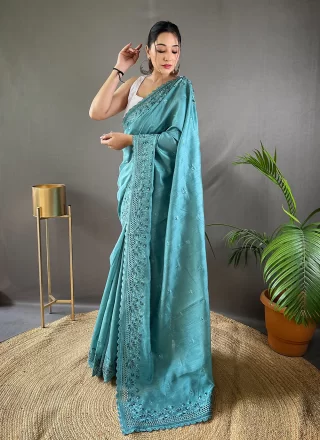Teal Embroidered and Resham Thread Work Silk Traditional Saree