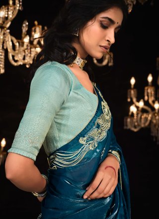 Teal Fancy Fabric Patch Border, Embroidered and Sequins Work Contemporary Saree