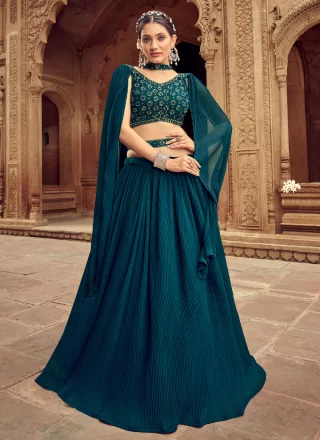 Teal Faux Georgette A - Line Lehenga Choli with Dimond, Hand and Mirror Work
