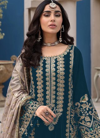Teal Faux Georgette Embroidered and Sequins Work Salwar Suit