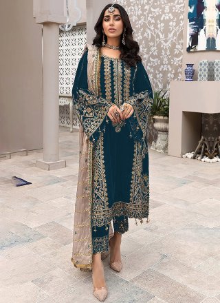 Teal Faux Georgette Embroidered and Sequins Work Salwar Suit
