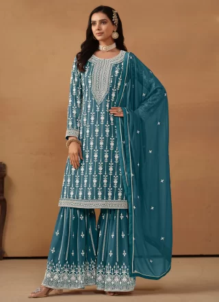 Teal Faux Georgette Palazzo Salwar Suit with Embroidered Work for Women