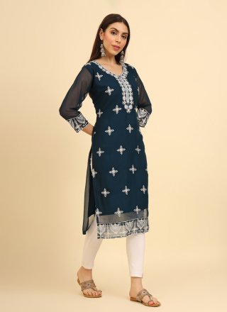 Teal Georgette Chikankari, Embroidered and Lucknowi Work Work Casual Kurti