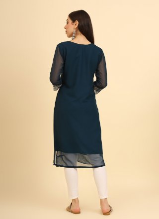 Teal Georgette Chikankari, Embroidered and Lucknowi Work Work Casual Kurti