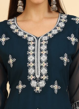 Teal Georgette Chikankari, Embroidered and Lucknowi Work Work Casual Kurti