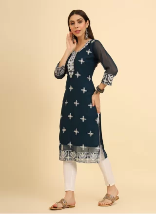 Teal Georgette Chikankari, Embroidered and Lucknowi Work Work Casual Kurti