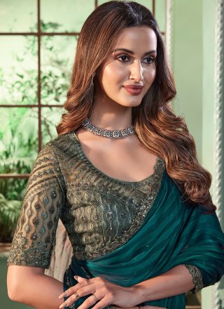 Teal Georgette Classic Sari with Patch Border Work