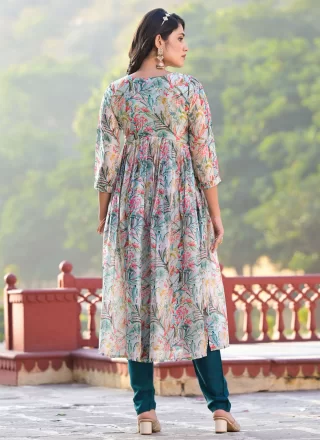 Teal Georgette Digital Print and Hand Work Trendy Suit for Women