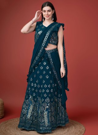 Teal Georgette Embroidered and Sequins Work Trendy Saree for Women