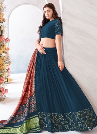 Teal Georgette Embroidered, Resham and Sequins Work Readymade Lehenga Choli for Ceremonial