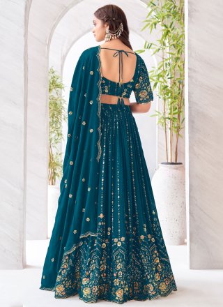 Teal Georgette Embroidered, Resham and Sequins Work Readymade Lehenga Choli for Engagement