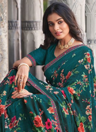 Teal Georgette Floral Patch Work Classic Saree for Ceremonial