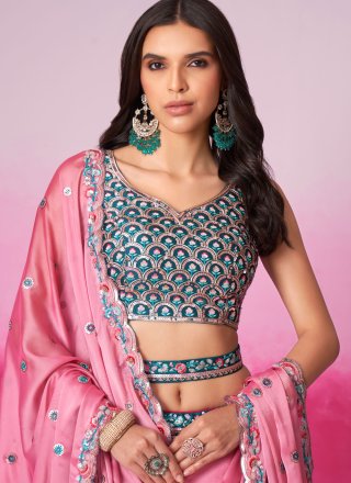 Teal Georgette Lehenga Choli with Embroidered and Sequins Work