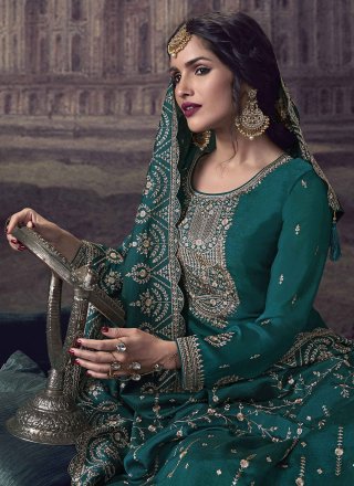 Teal Georgette Palazzo Salwar Suit with Embroidered and Zari Work for Ceremonial