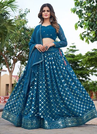 Teal Georgette Readymade Lehenga Choli with Embroidered and Sequins Work for Ceremonial