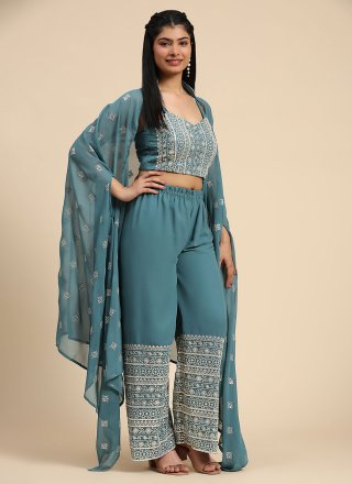 Teal Georgette Salwar Suit with Embroidered Work