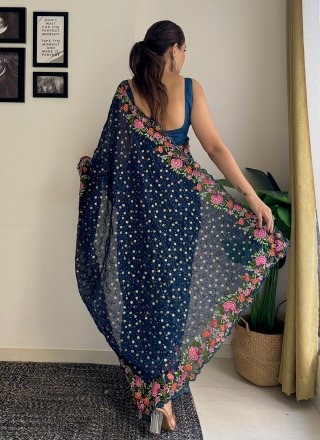 Teal Georgette Traditional Saree with Embroidered, Sequins and Thread Work