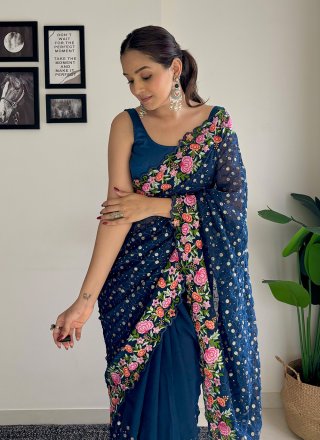 Teal Georgette Traditional Saree with Embroidered, Sequins and Thread Work