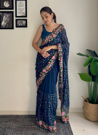 Teal Georgette Traditional Saree with Embroidered, Sequins and Thread Work