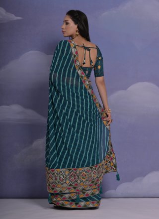 Teal Georgette Trendy Saree with Patch Border, Lace, Print and Sequins Work