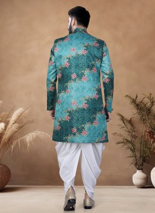 Teal Jacquard Embroidered, Sequins and Thread Work Indo Western for Ceremonial
