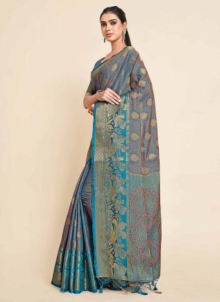Teal Kanjivaram Silk Trendy Saree with Woven Work