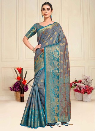 Teal Kanjivaram Silk Trendy Saree with Woven Work