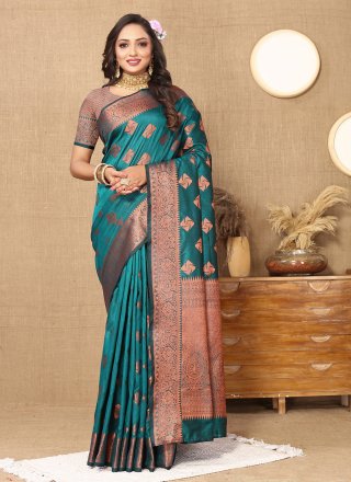 Embroidered Border Satin Georgette Saree in Teal Blue : SFVA1629