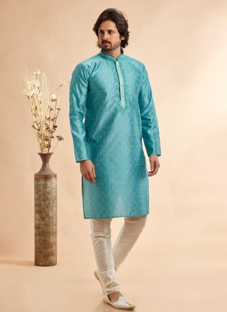Teal Machine Embroidery and Mirror Work Jacquard Silk Kurta Pyjama